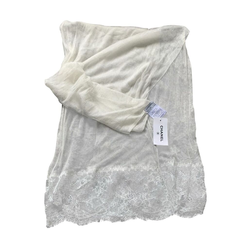 NEW NWT Chanel Vintage silk & lace Mesh WHITE Scarf Wrap Shawl
